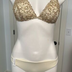 New Elegant Gold Crochet Bikini Top and Cream Bottom Set